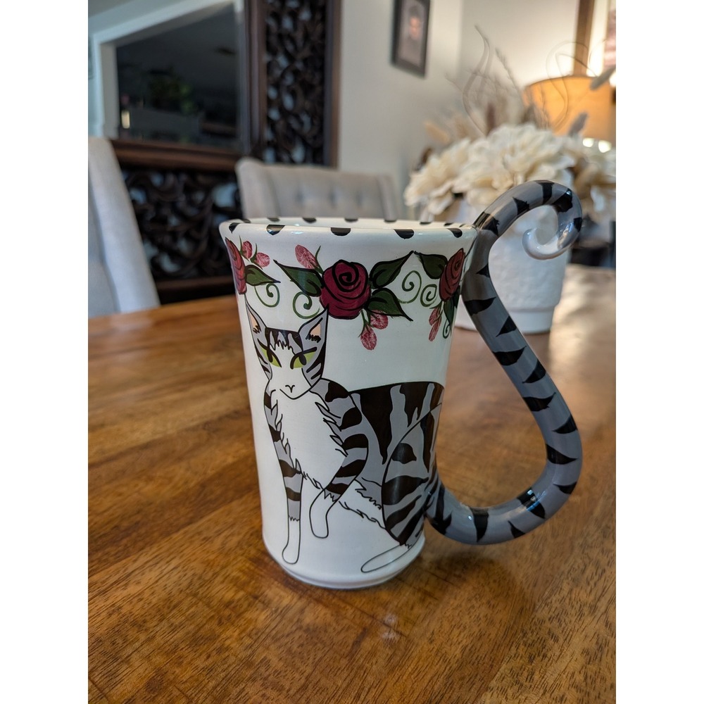 A. Gadler Signed Hand Painted Cat Mug Grey Tabby Rose Floral 3D Tail Handle
